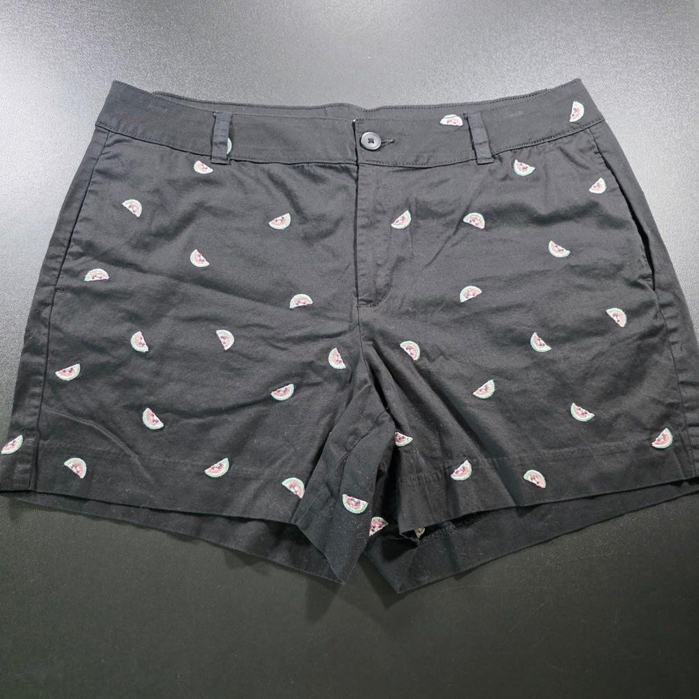 St. Johns Bay Womens Black Watermelon Embroidered Chino Shorts Size 16 Summer